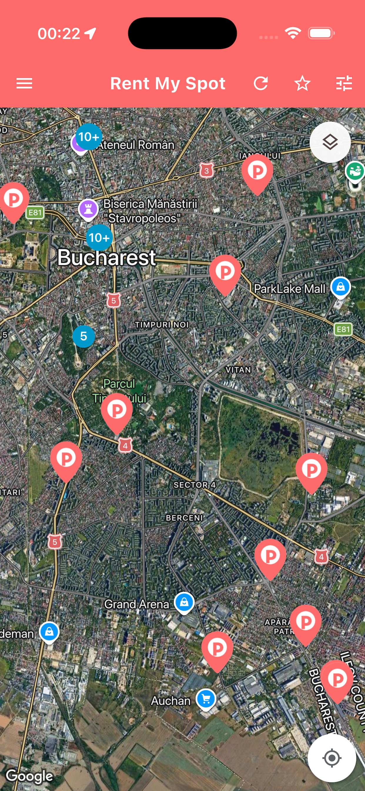 Rent My Spot mobile app showing a map with parking spots and monthly earnings dashboard